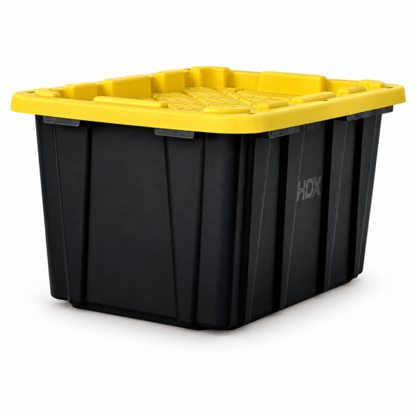 Black moving tote with yellow removable lid from Better Box Rentals.